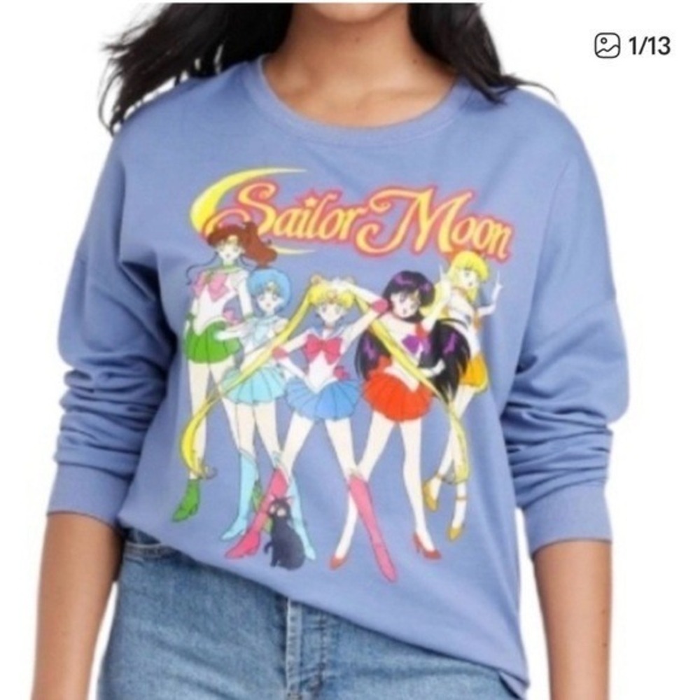Sailor Moon Crewneck Sweatshirt Blue Anime Graphic Pullover Size Large